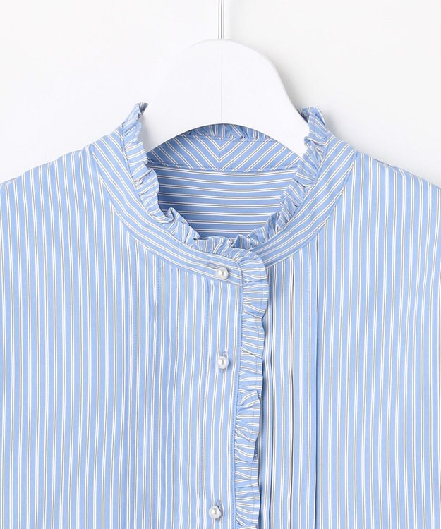 ANY SIS フリルスタンド シャツ ブルーストライプ