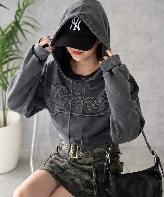 WEGO ロゴアシッドウォッシュパーカー スミクロ