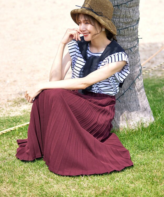 Tiaclasse 【ウエストゴム・洗える】カットソーアコーディオンプリーツスカート ボルドー