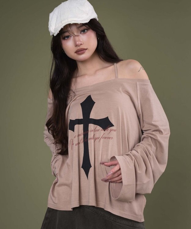 WEGO オフショルダークロスロゴトップ ベージュ