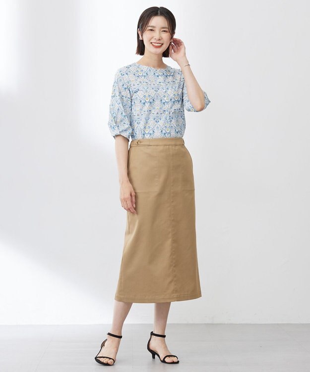 J.PRESS LADIES L 【洗える】シャンブレーサテン ナロー スカート キャメル系