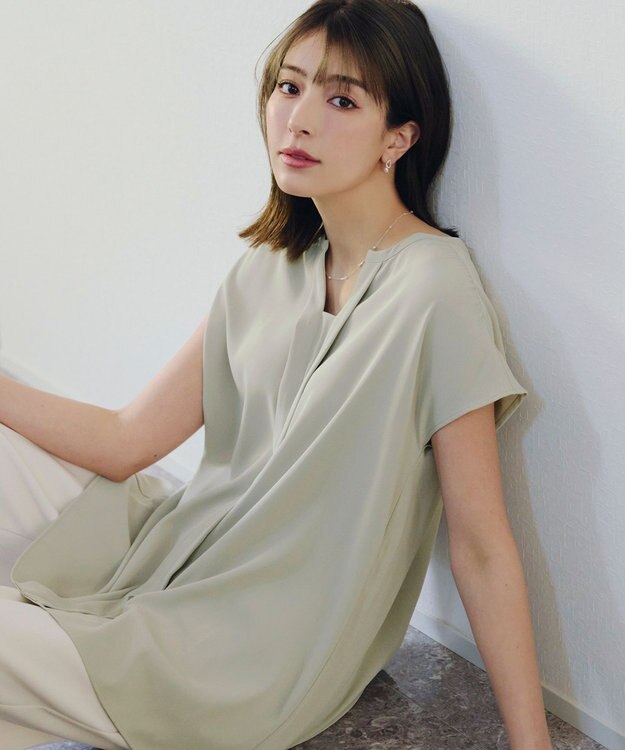 Tiaclasse 【洗える】フレンチスリーブキーネックシャツチュニックブラウス ミント