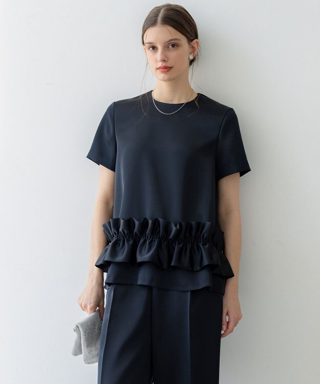 23区 【APPLAUDIR】クリアダブルサテン フリルヘム ブラウス ネイビー系