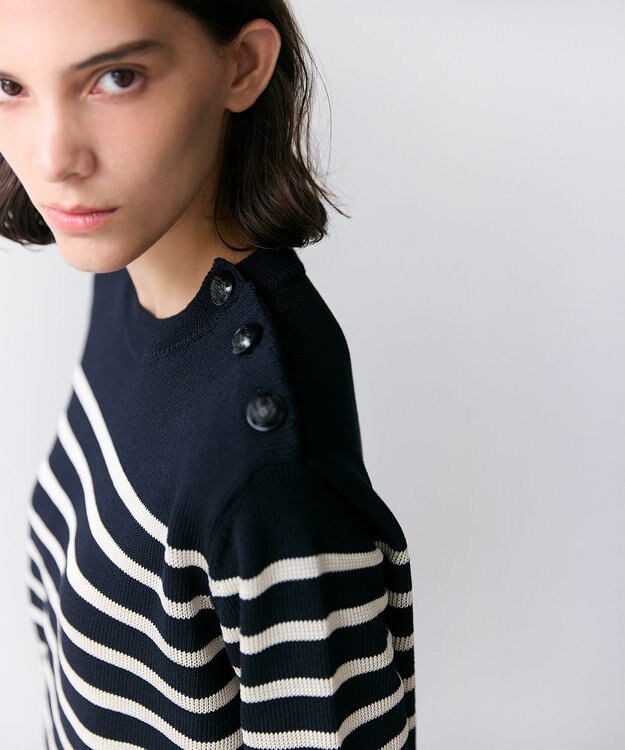 BEIGE， HELIODOR / レーヨンボーダーマリンボタンニット Navy × Ecru