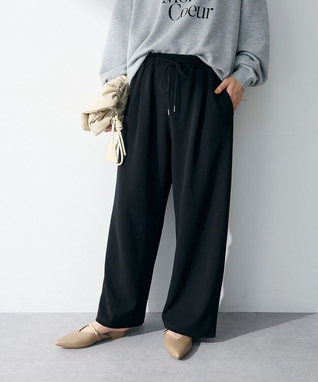 Green Parks 楽ちんリップルワイドパンツ Black