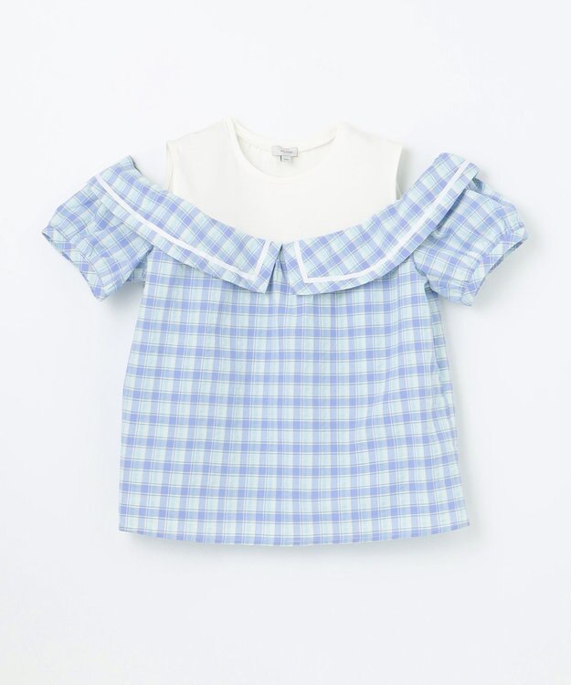 ANY KIDS チェック オフショルダー ブラウス サックスブルー