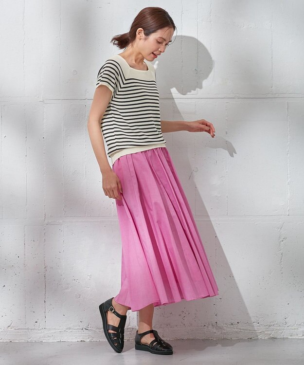 ANY 【洗濯機可能/アンチピリング/UVケア】アクリルガータースクエアニット オフ×ネイビー