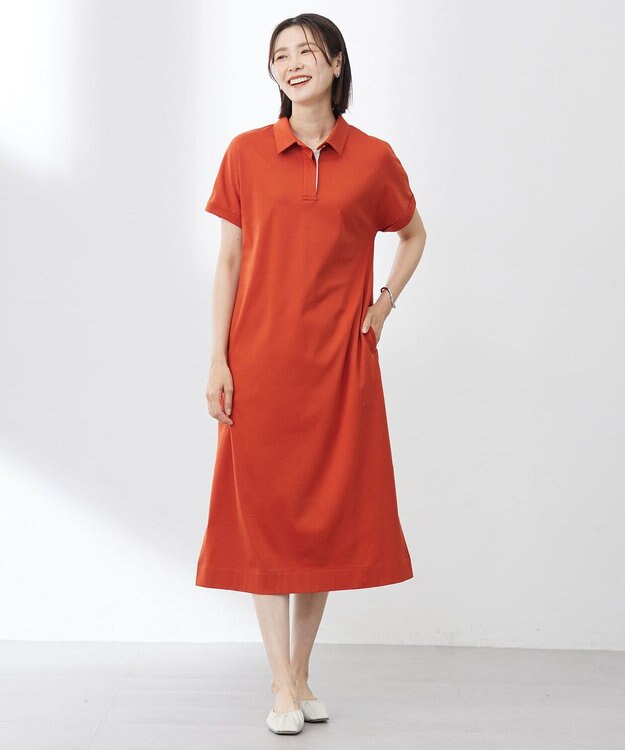 J.PRESS LADIES L 【WEB限定カラーあり・洗える】コンパクトコットンスムース ポロワンピース オレンジ系