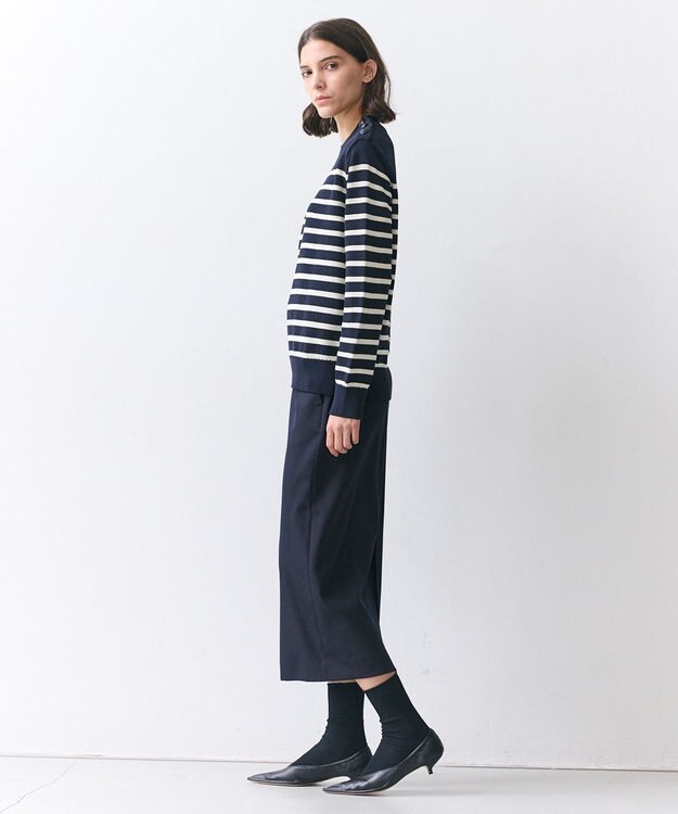 BEIGE， HELIODOR / レーヨンボーダーマリンボタンニット Navy × Ecru