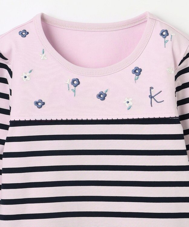 組曲 KIDS 【110-140㎝】フラワー刺繍ボーダー Tシャツ サクラ系