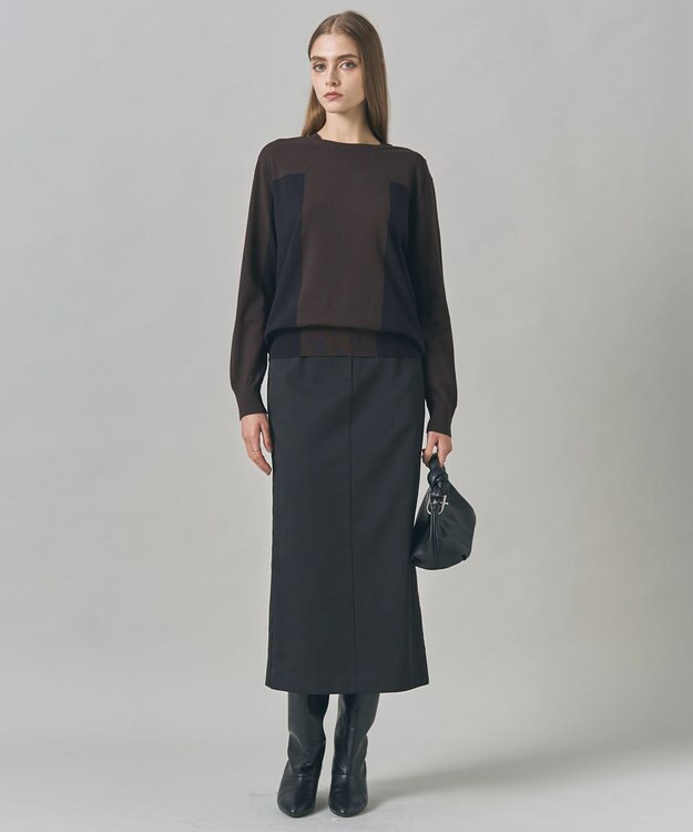 ICB 【洗える】マットヴィスコースポリエステル ブロッキングニット ダークブラウン×ネイビー系