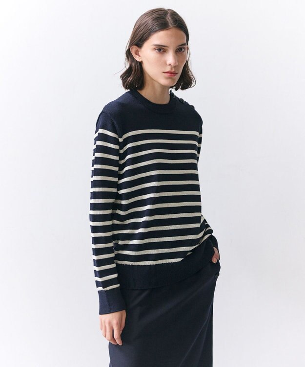 BEIGE， HELIODOR / レーヨンボーダーマリンボタンニット Navy × Ecru