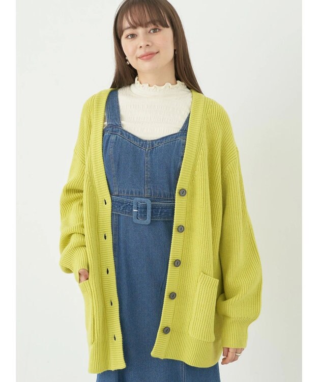 earth music&ecology アンチピリング畦Ｖネックカーディガン Lime Green
