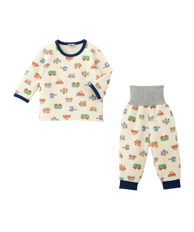 MIKI HOUSE HOT BISCUITS 【80-120cm】 あったかキルト素材 乗り物柄 腹巻き付き長袖パジャマ アイボリー