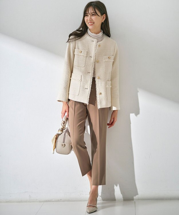 ANY SIS S ツイードノーカラーミドル ジャケット アイボリー