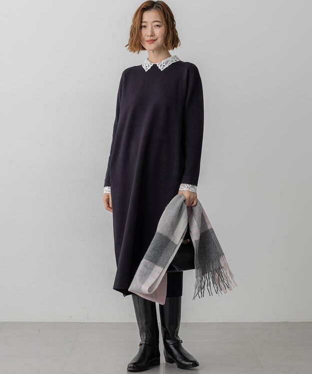 23区 S 【洗える/吊り干しOK】ヴィスコースストレッチ レース襟 ワンピース ネイビー系