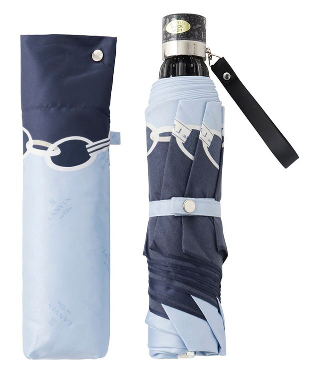 MOONBAT ランバン オン ブルー 折りたたみ傘 チェーン柄サテンジャガードプリント 簡単開閉 サックスブルー