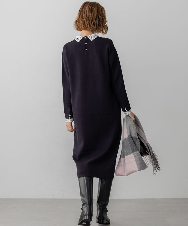 23区 S 【洗える/吊り干しOK】ヴィスコースストレッチ レース襟 ワンピース ネイビー系