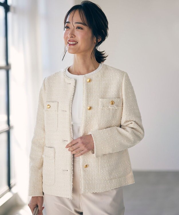 ANY SIS ツイードノーカラーミドル ジャケット アイボリー