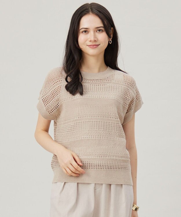 自由区 L 【洗える】レーシーリネンコットン ニット ベージュ