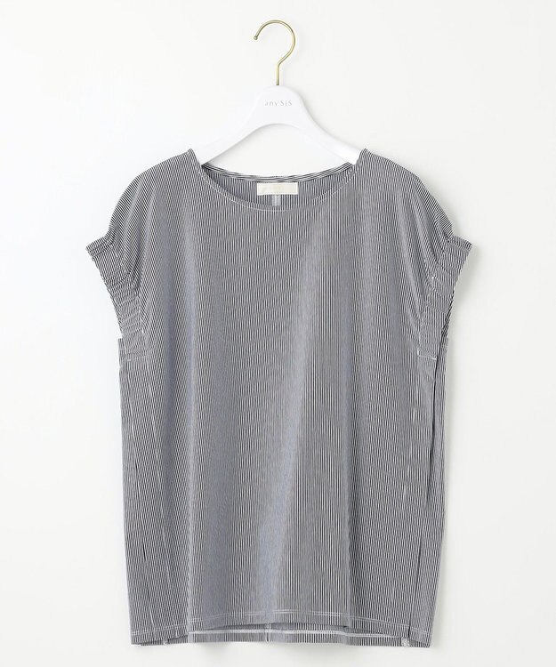 ANY SIS S 【洗える】シルケットストライプフレンチスリーブ カットソー ネイビーストライプ