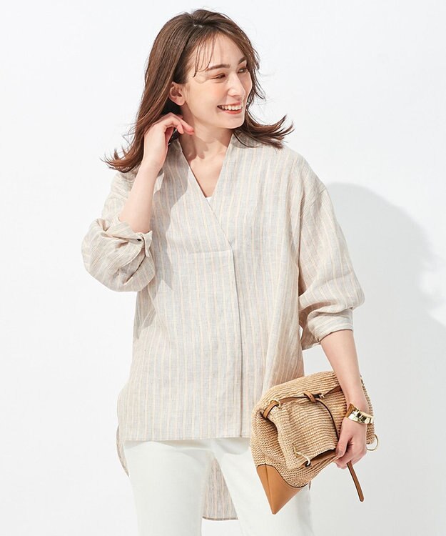 自由区 【洗える】リネンストライプ スキッパーブラウス