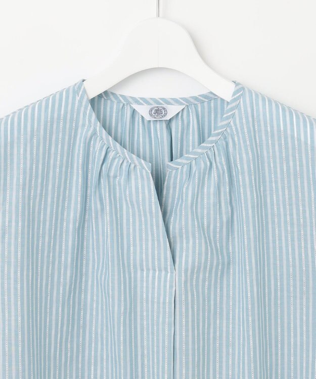 J.PRESS LADIES 【洗える】BEZ空羽ストライプ クルーネック V開き ブラウス シーブルー系1