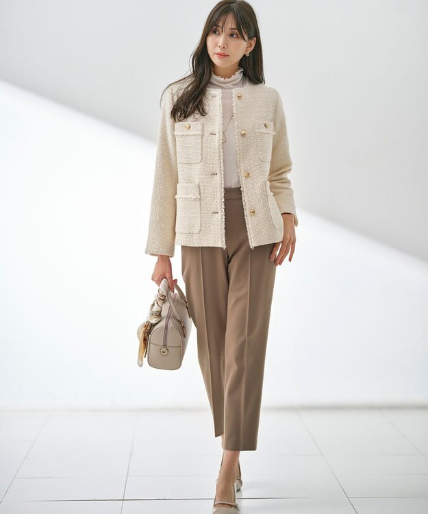 ANY SIS S ツイードノーカラーミドル ジャケット アイボリー