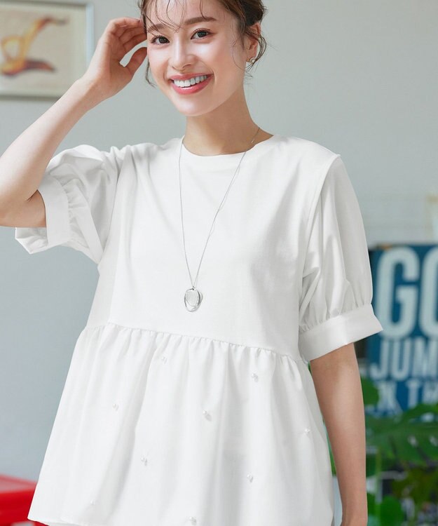 Tiaclasse L 【洗える】パール付きカットソードッキングブラウス オフホワイト