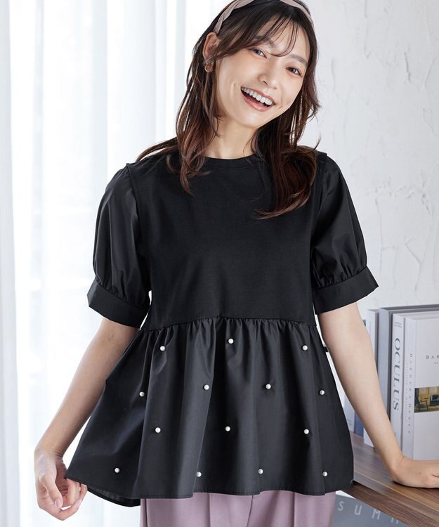 Tiaclasse L 【洗える】パール付きカットソードッキングブラウス ブラック