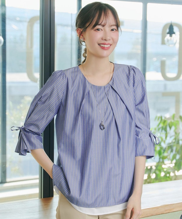 Tiaclasse L ストライプリボンレイヤードブラウス ネイビーストライプ