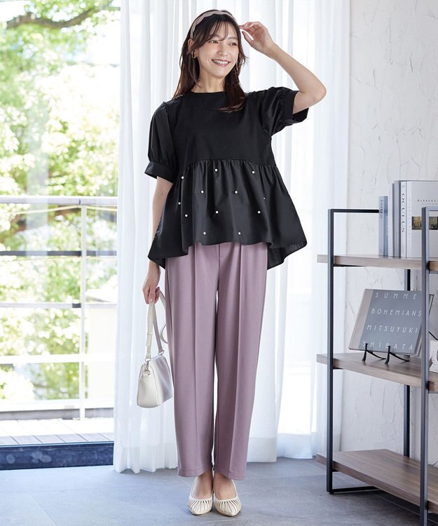 Tiaclasse L 【洗える】パール付きカットソードッキングブラウス ブラック