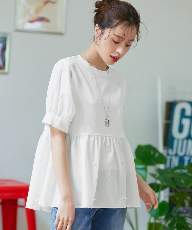 Tiaclasse L 【洗える】パール付きカットソードッキングブラウス オフホワイト