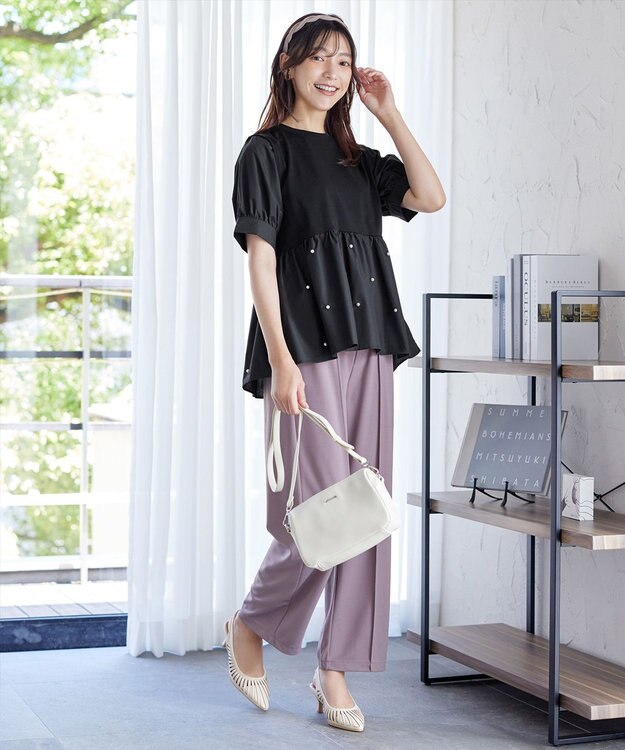 Tiaclasse L 【洗える】パール付きカットソードッキングブラウス ブラック