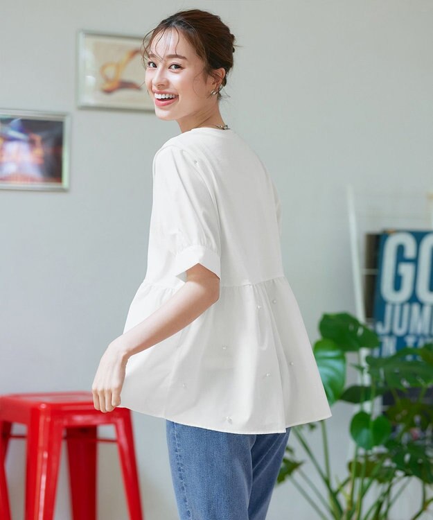 Tiaclasse L 【洗える】パール付きカットソードッキングブラウス オフホワイト