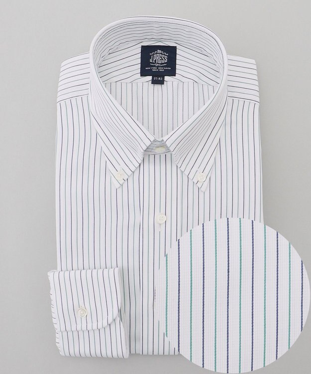 J.PRESS MEN 【PREMIUM PLEATS / 形態安定】スーピマコットンパナマストライプ ドレスシャツ / B.D. グリーン系1