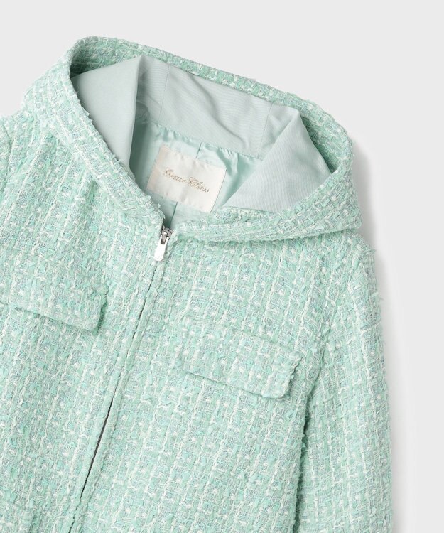 GRACE CONTINENTAL ツイードフーディーコート ミント