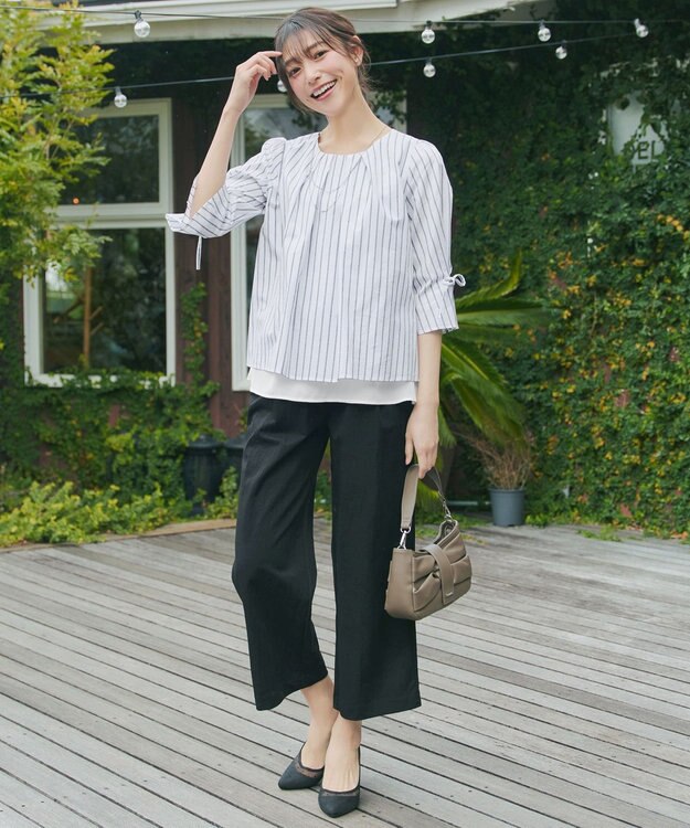 Tiaclasse L ストライプリボンレイヤードブラウス ホワイトストライプ