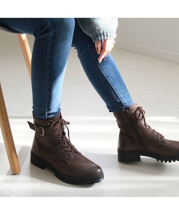 Pointer 本革 足首ベルトレースアップブーツ ダークブラウン