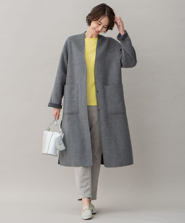 自由区 【リバーシブル】ウールリバー ノーカラーロングコート グレー系