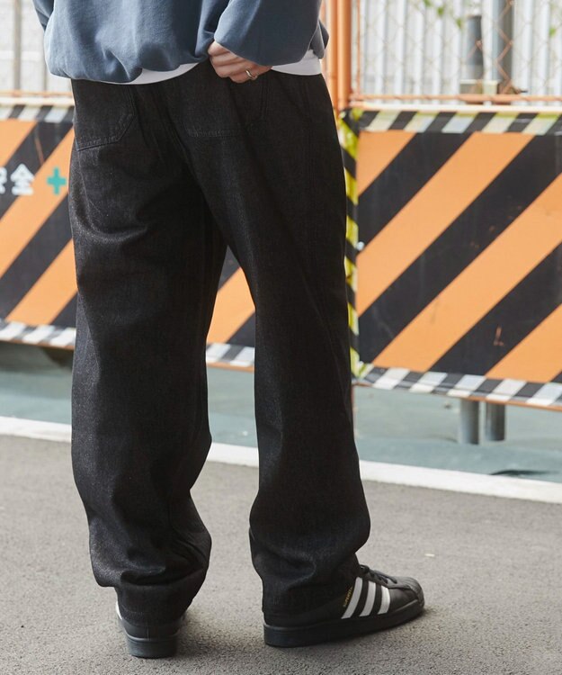 WEGO 【ユニセックス着用ITEM/ウエストゴム/SMLサイズ展開】デニムイージーストレートパンツ ブラック