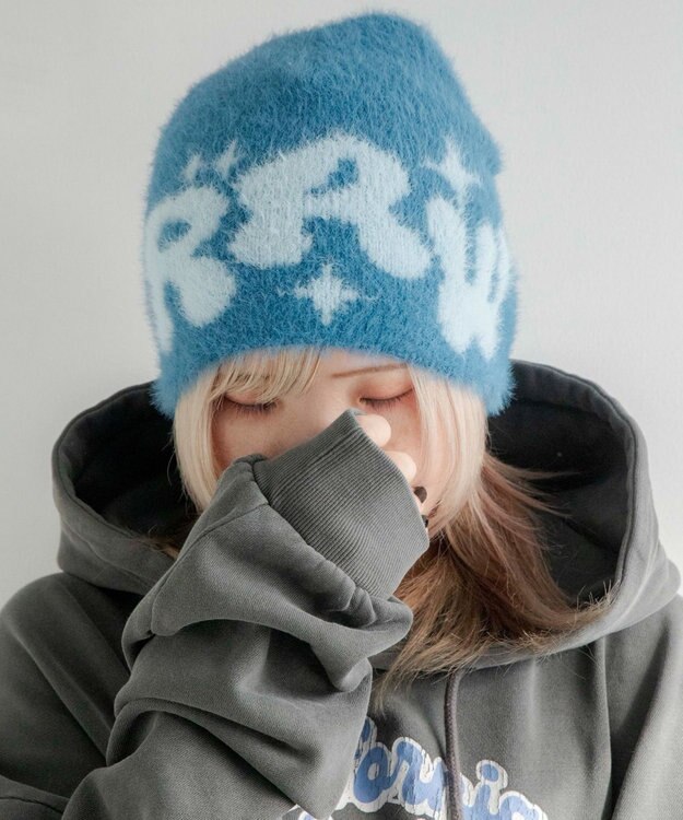 WEGO シャギーキラキラロゴニットキャップ ブルー