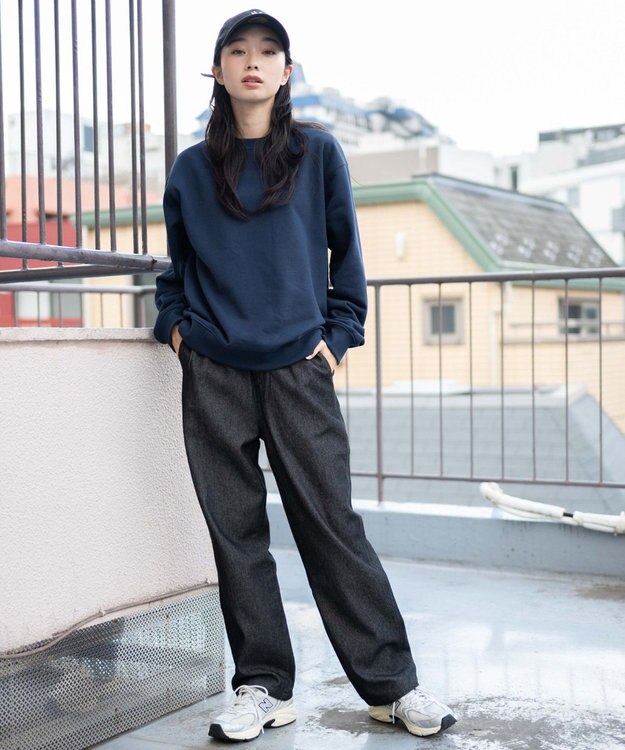 WEGO 【ユニセックス着用ITEM/ウエストゴム/SMLサイズ展開】デニムイージーストレートパンツ ブラック