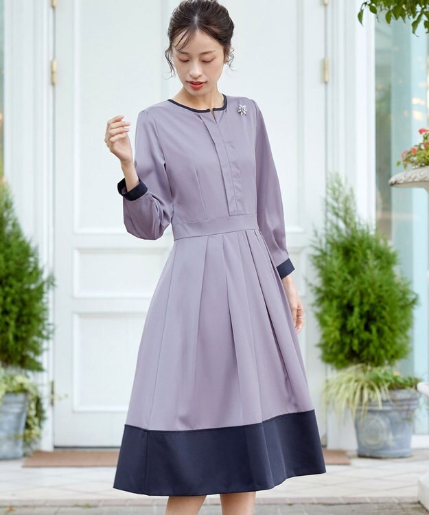 Tiaclasse 【セレモニー・新色追加】キーネックフレアワンピース サックス×ネイビー