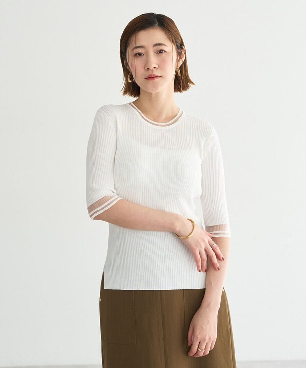 YECCA VECCA シアーMIX5分袖ニット Off White