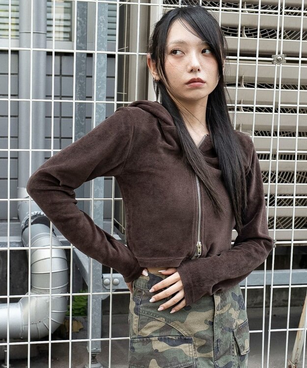 WEGO ベロアショートZIPパーカー ブラウン