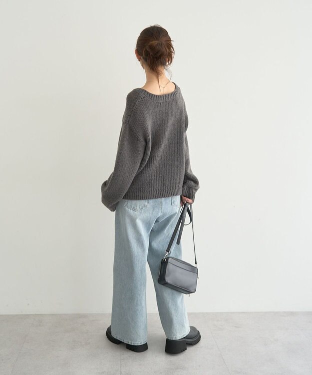 earth music&ecology フロントシャーリングニットプルオーバー チャコールグレー