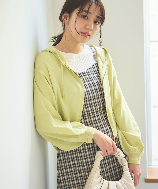 Feroux 【UVカット・接触冷感】パフスリーブニット パーカー ライトグリーン系