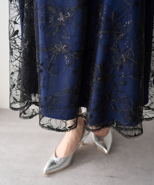 YECCA VECCA 【2点SET】フラワー柄スパンコール刺繍ドレス Navy