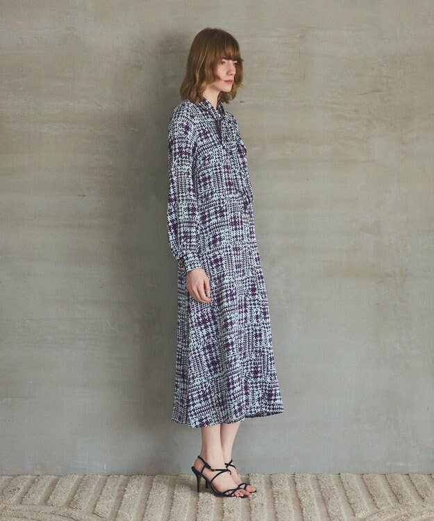 GRACE CONTINENTAL チェックプリントボウ付ワンピース サックス